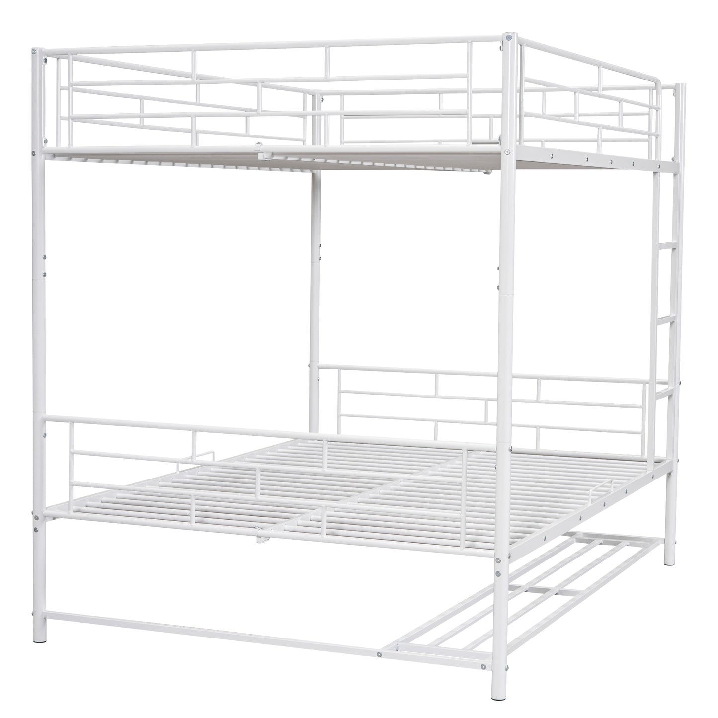 White metal triple bunk bed frame with ladder