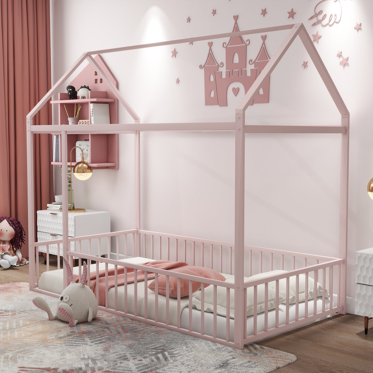 Pink metal house bed frame with protective rails and mattress for nursery