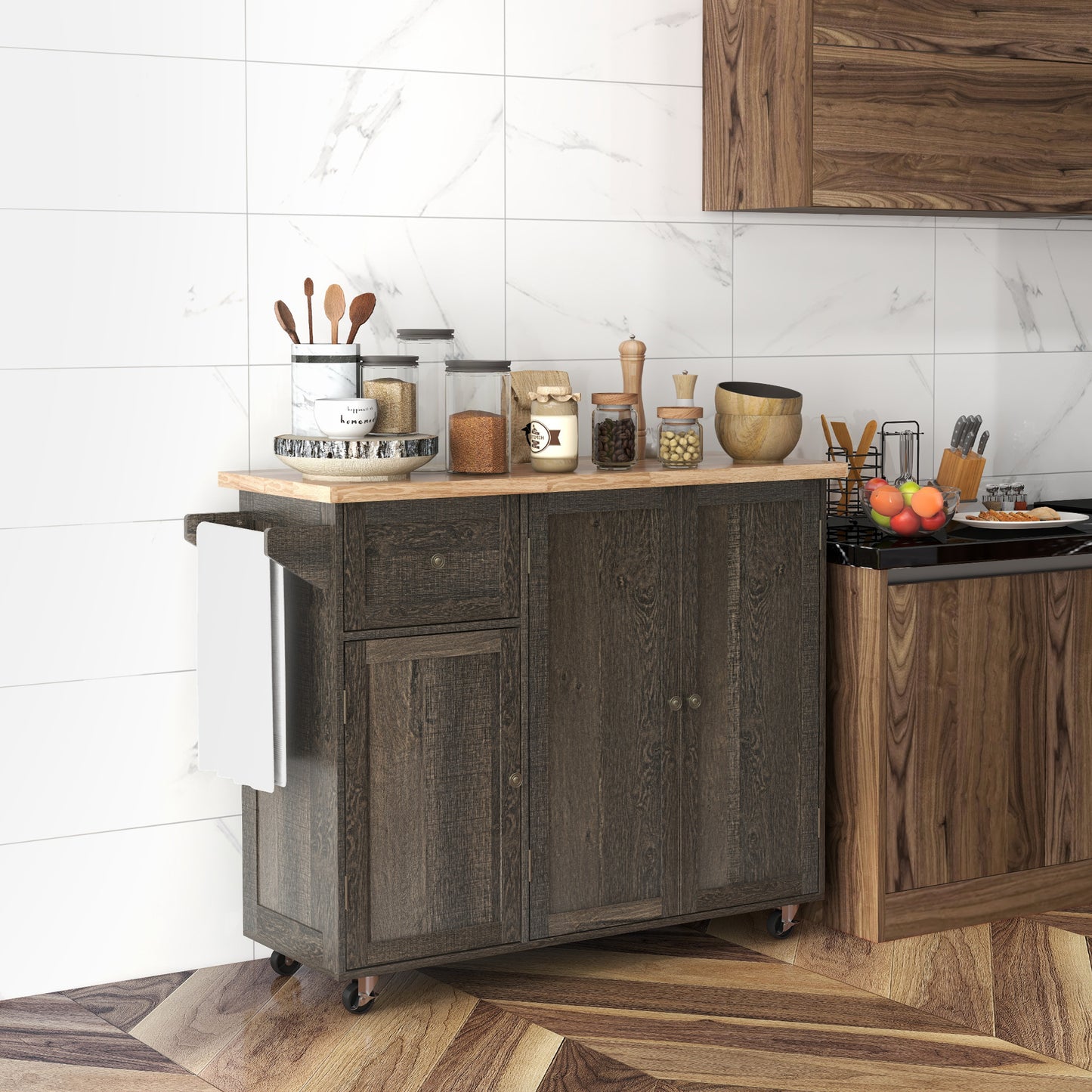 Dark wood kitchen island cart with a towel rack and butcher block top