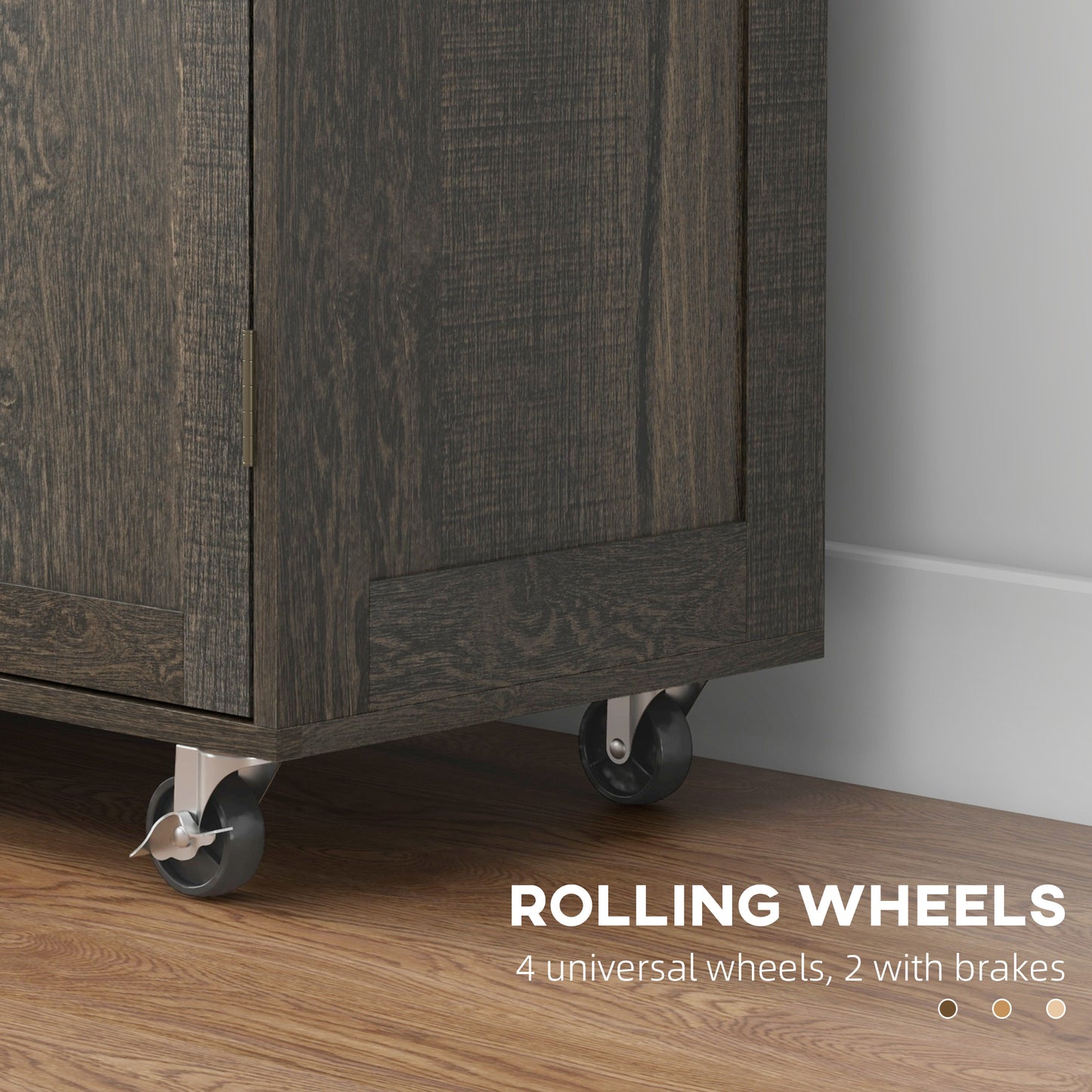 Dark wood cabinet with four rolling wheels for easy mobility