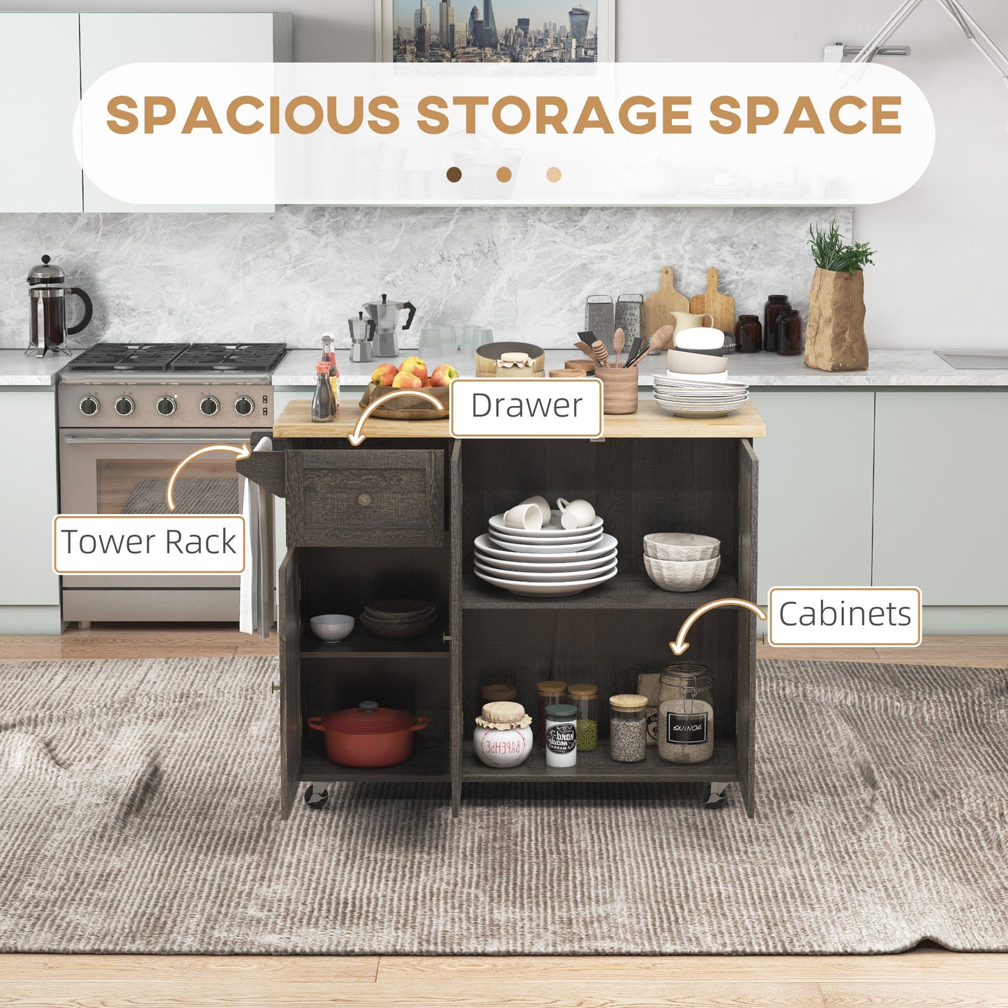 Dark grey kitchen island cart with butcher block top and ample storage