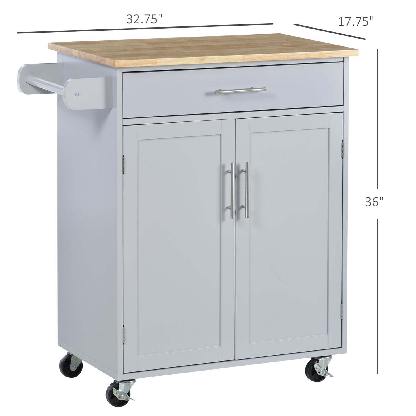 Gray kitchen island cart with butcher block top and towel bar