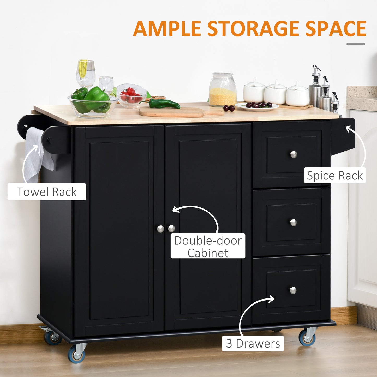 Black kitchen island cart with butcher block top doubledoor cabinet and three drawers