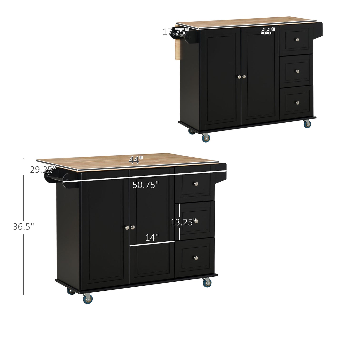 Black kitchen island cart with butcher block top and storage drawers