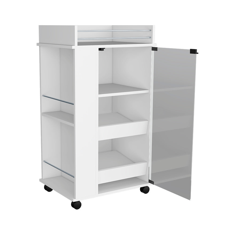 White kitchen cart with open cabinet doors and adjustable shelves