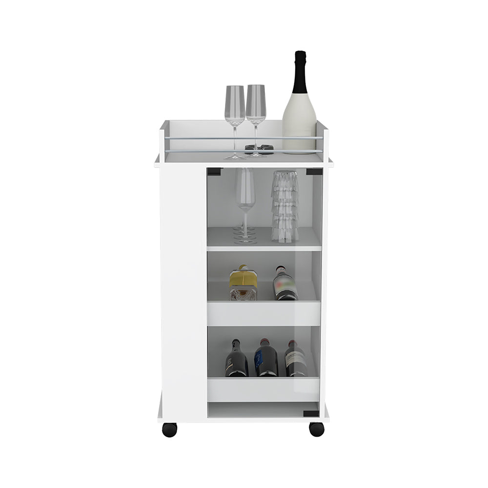 White bar cart with champagne bottle and glasses