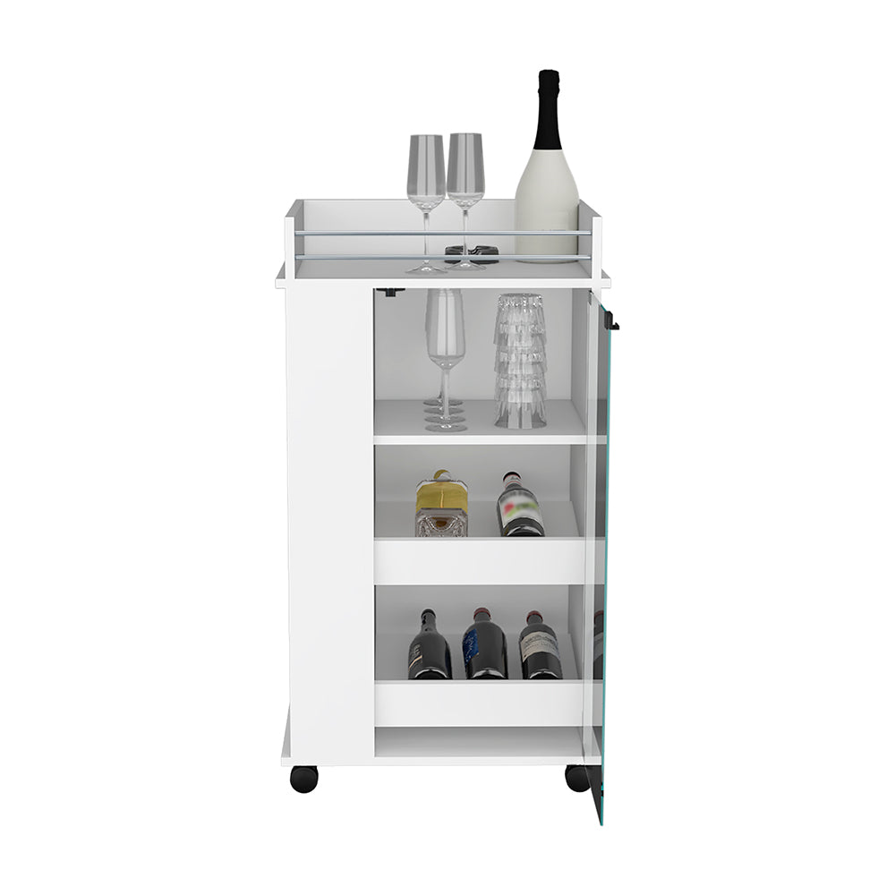 White rolling bar cart with wine bottles and glassware