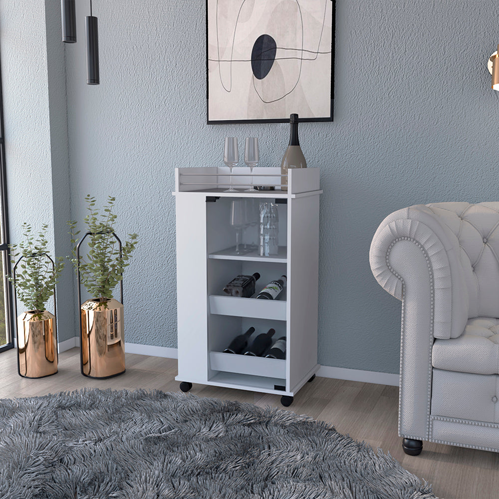 White mobile bar cart with wine rack and glass storage