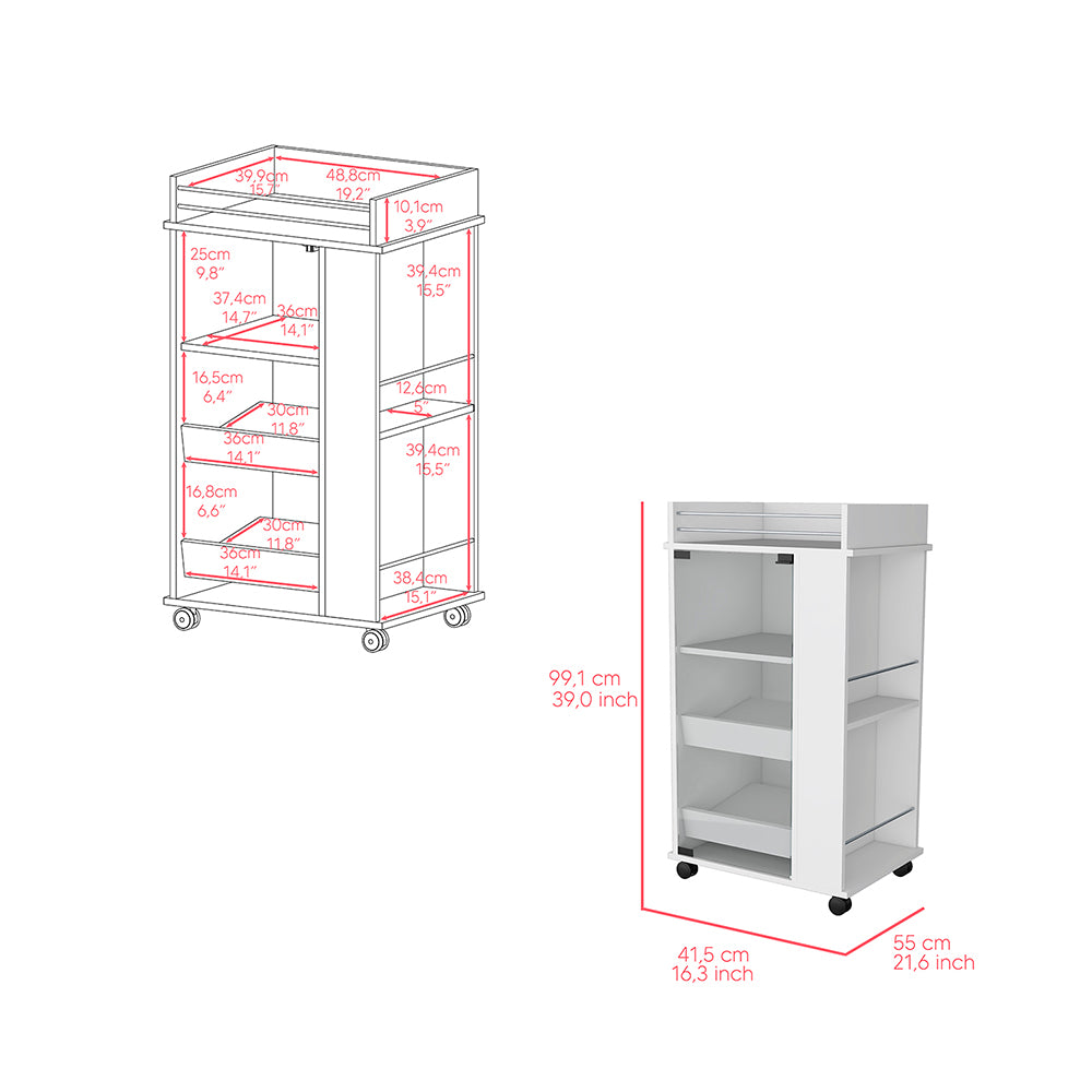 White rolling salon cart with multiple shelves and storage compartments