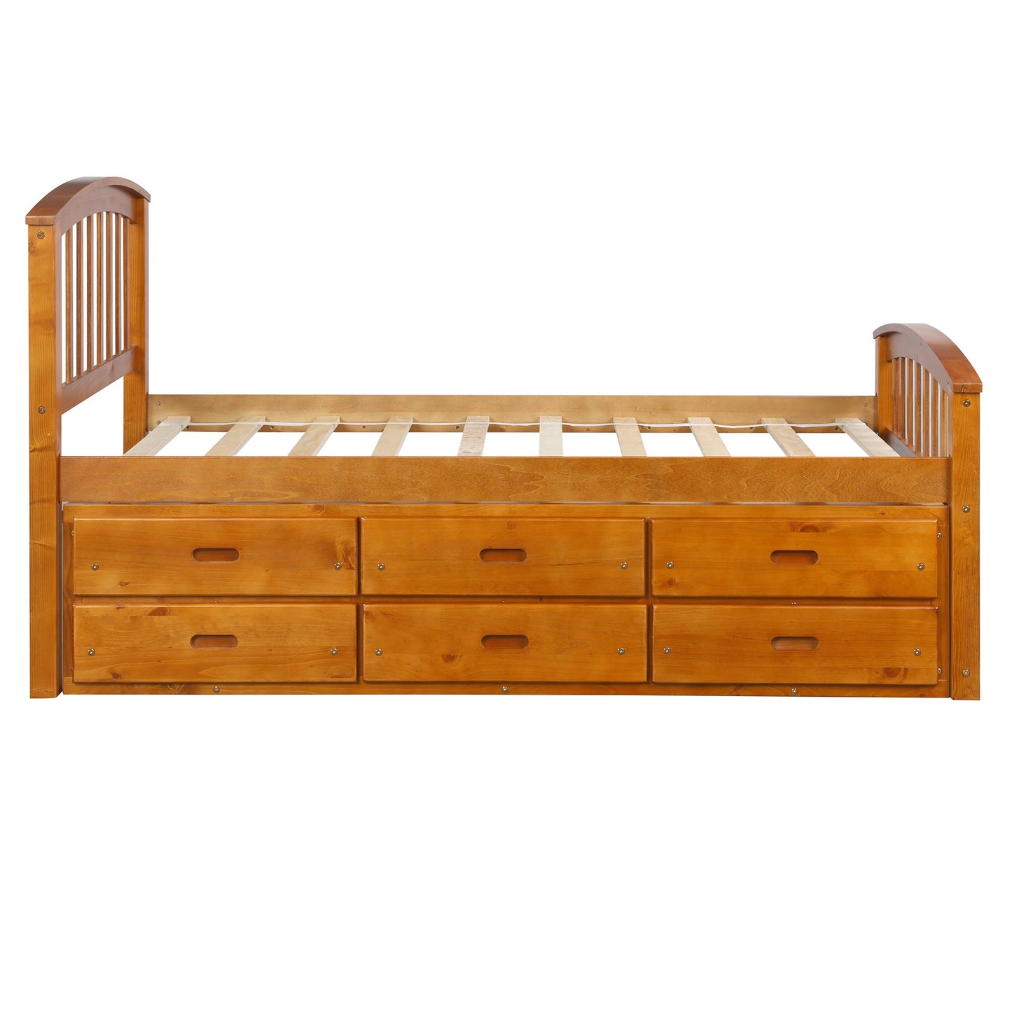 Solid wood twin storage bed frame with six drawers