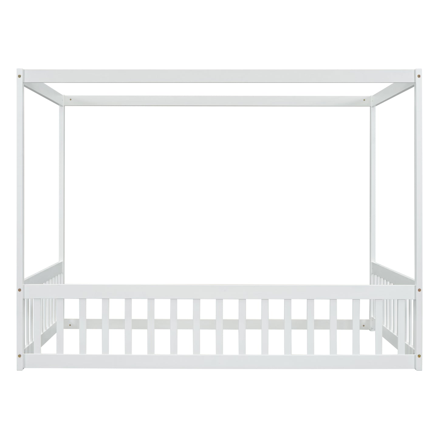 White wooden canopy bed frame with slatted headboard