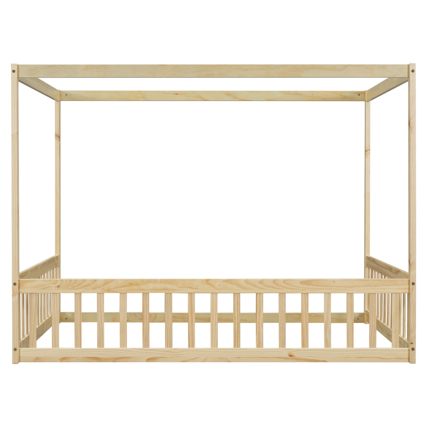 Natural pine wood fourposter bed frame with slatted sides