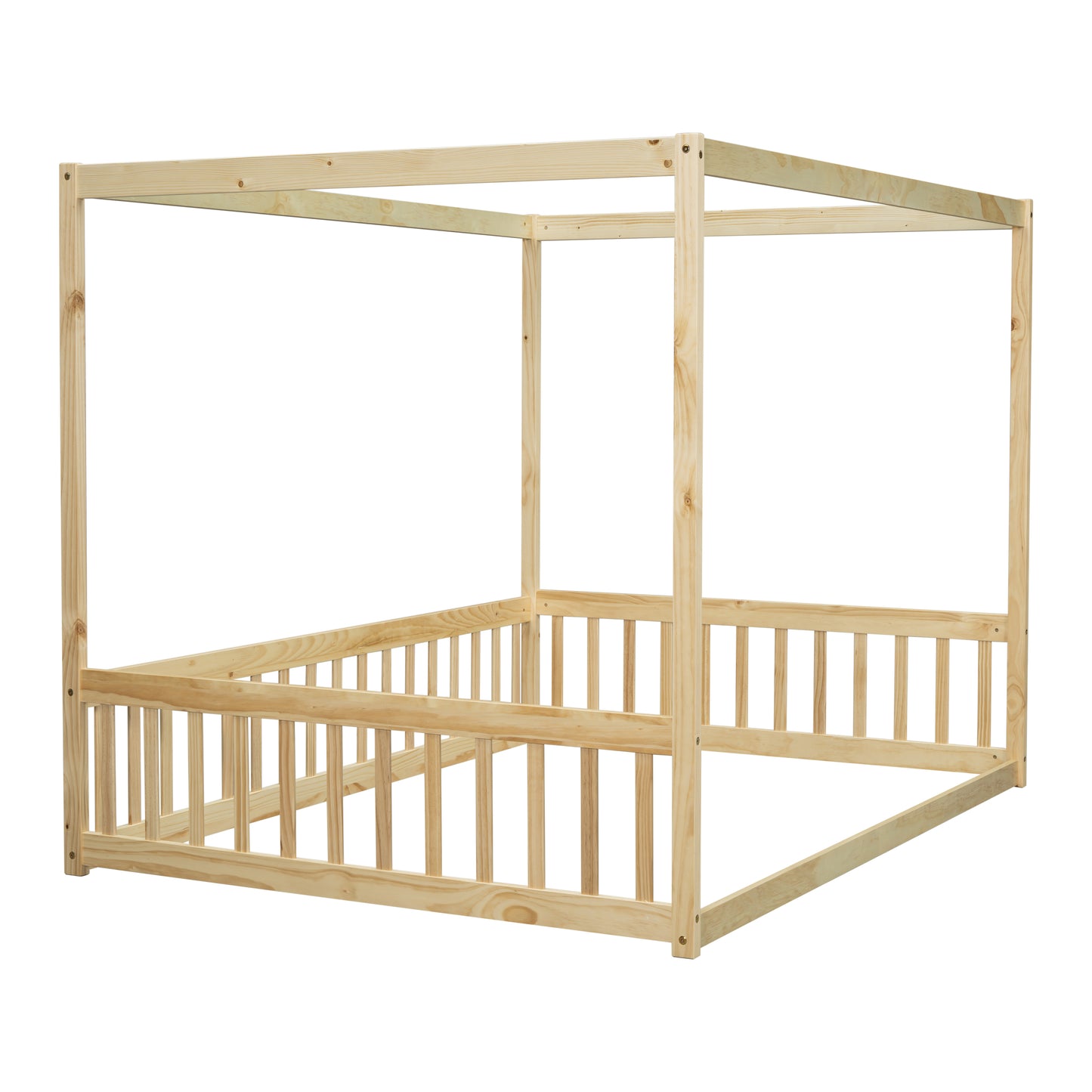 Natural pine wood fourposter bed frame with safety rails ready for assembly
