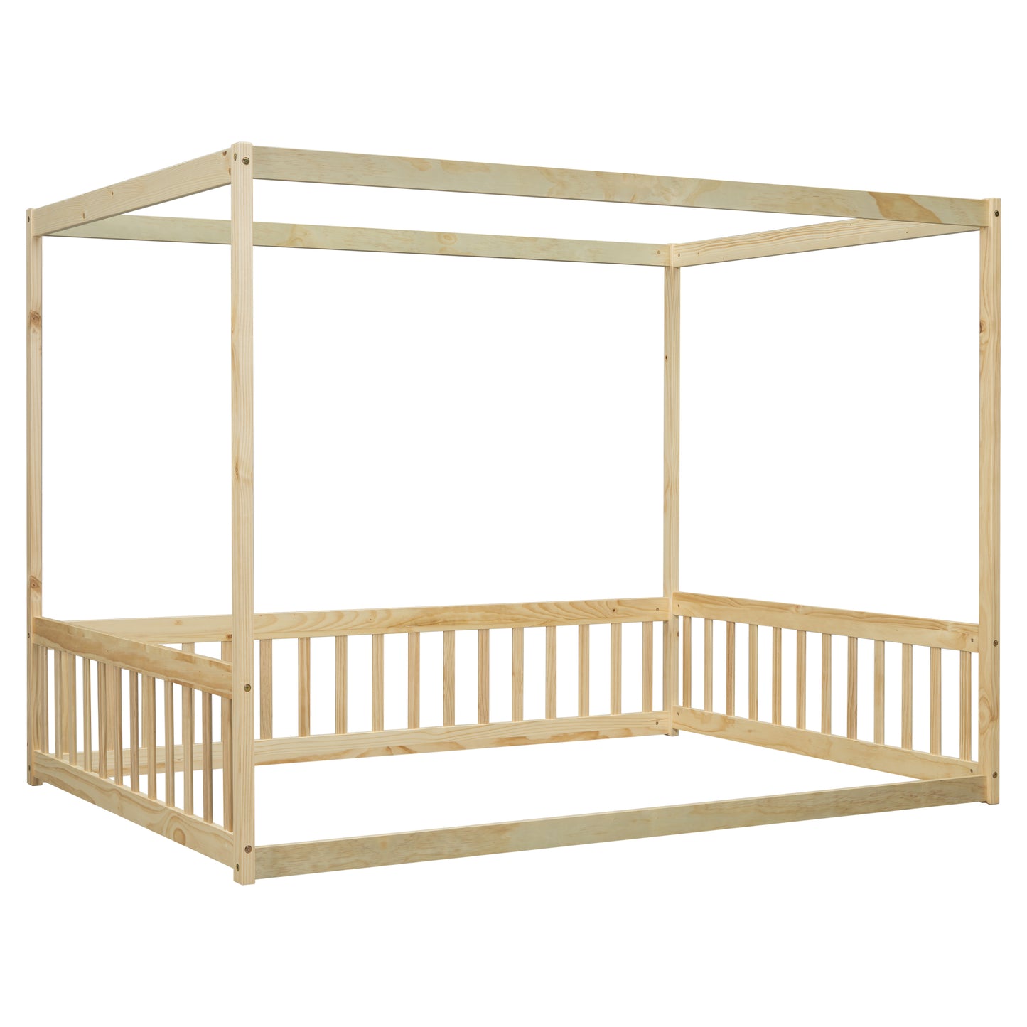 Natural pine wood twin canopy bed frame with slatted sides and posts