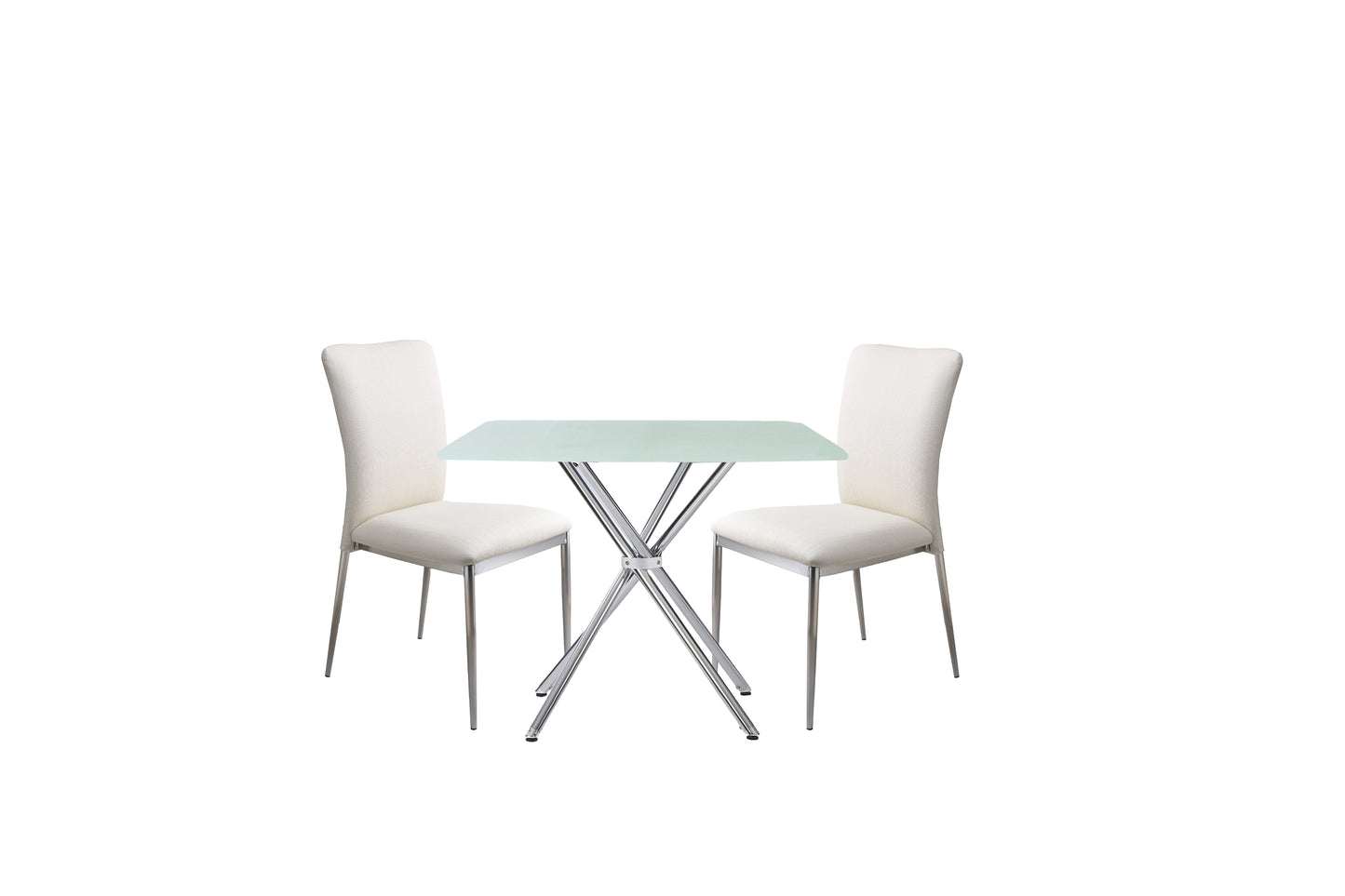 Modern glass dining set with two upholstered chairs
