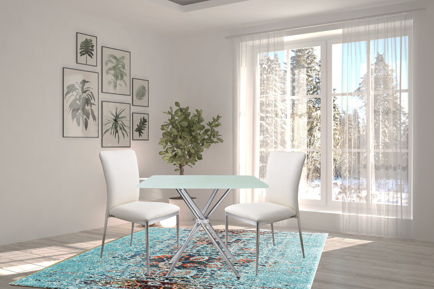 Two white upholstered chairs flank a modern glasstop dining table with chrome legs