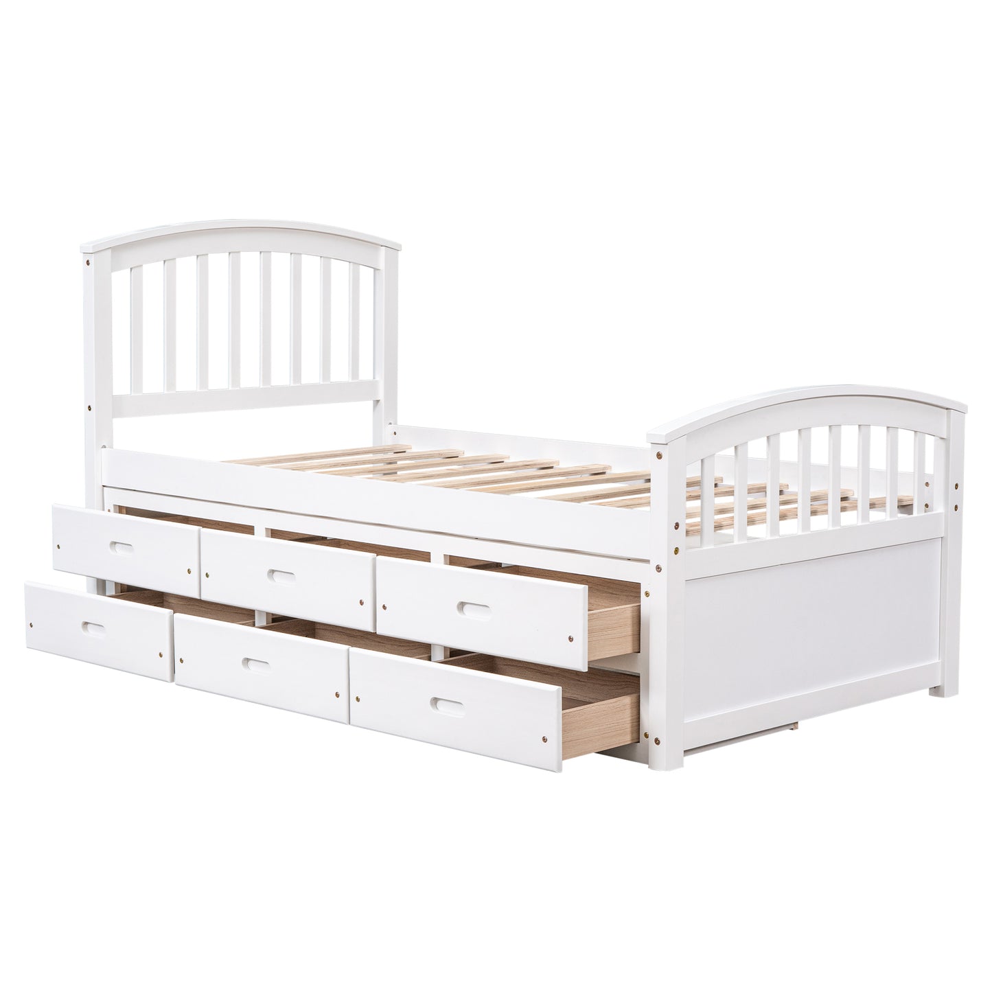 White wooden twin bed frame with six builtin storage drawers