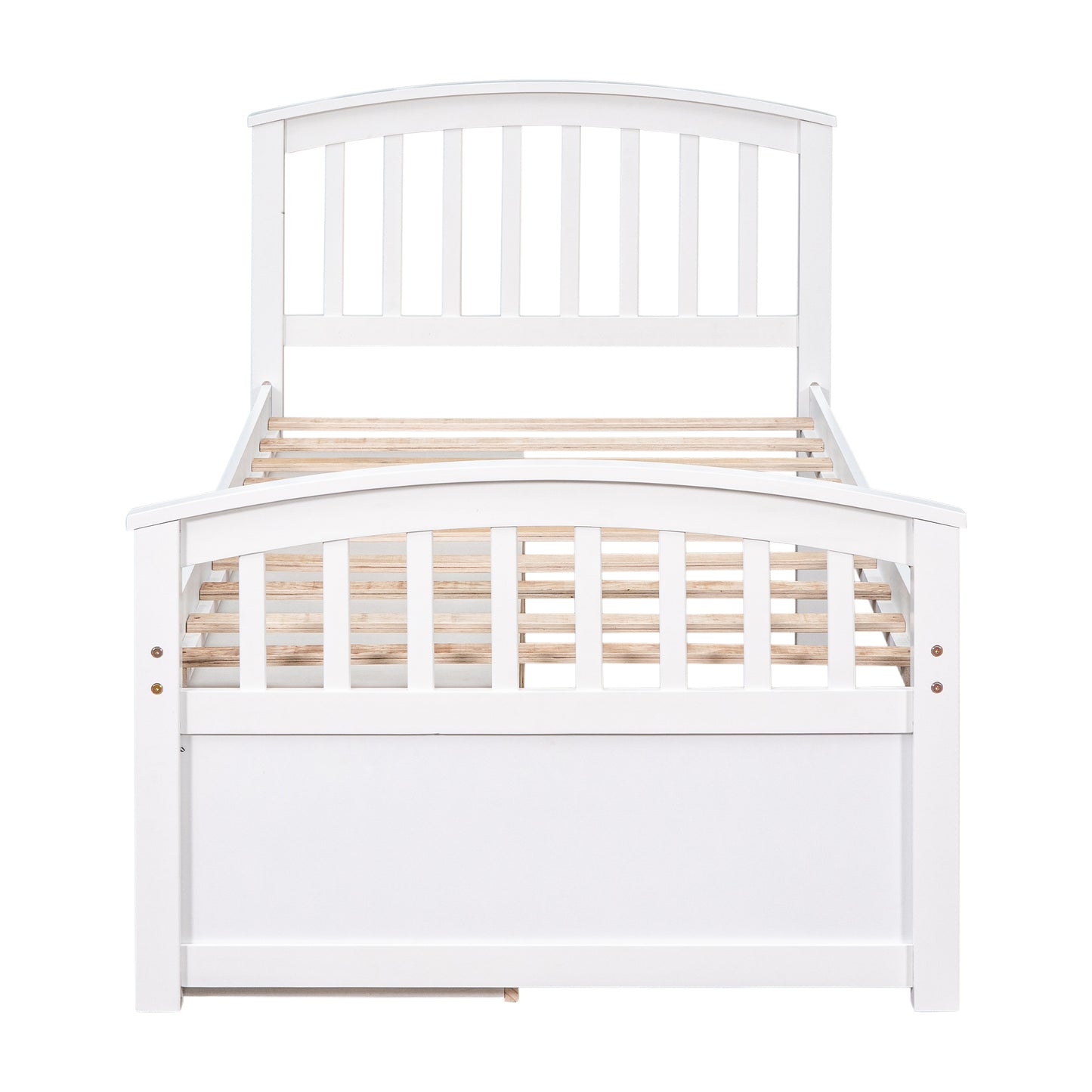 White wooden twin bed frame with arched headboard and slatted footboard