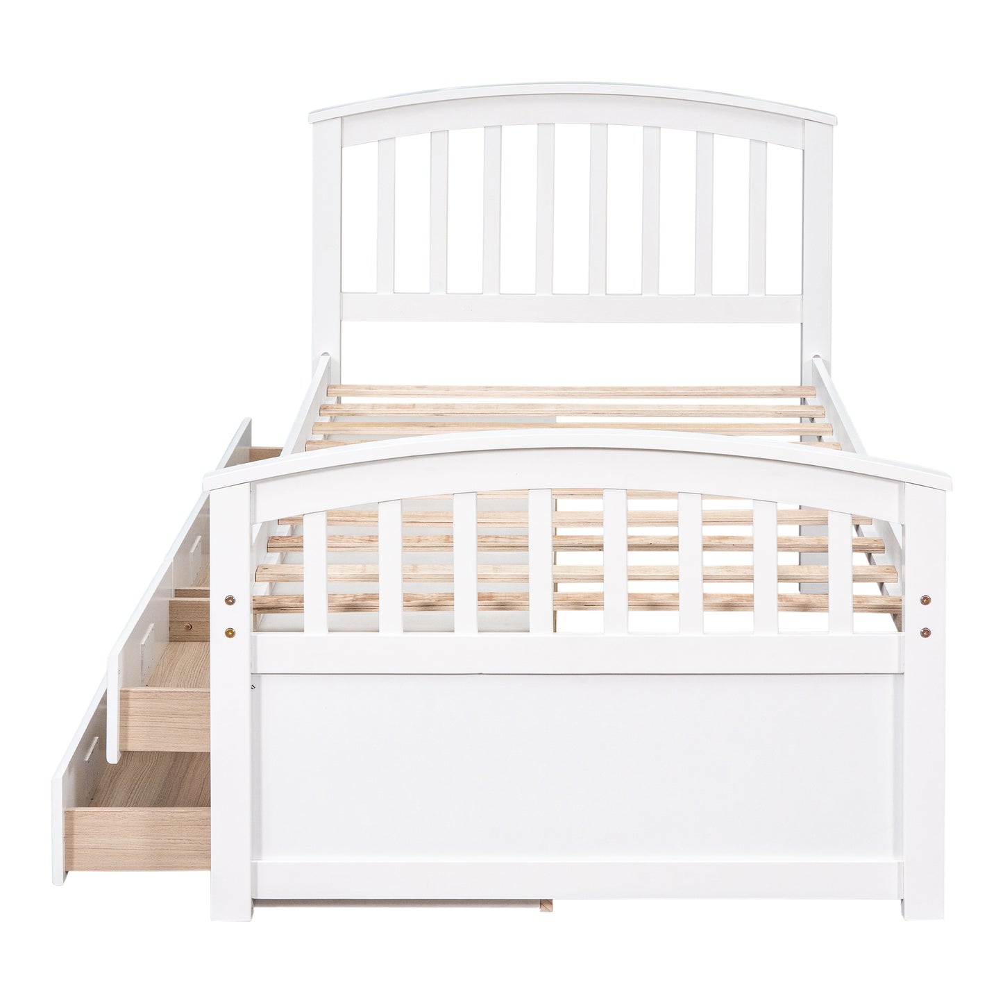 White wooden twin bed with integrated stairs and drawers