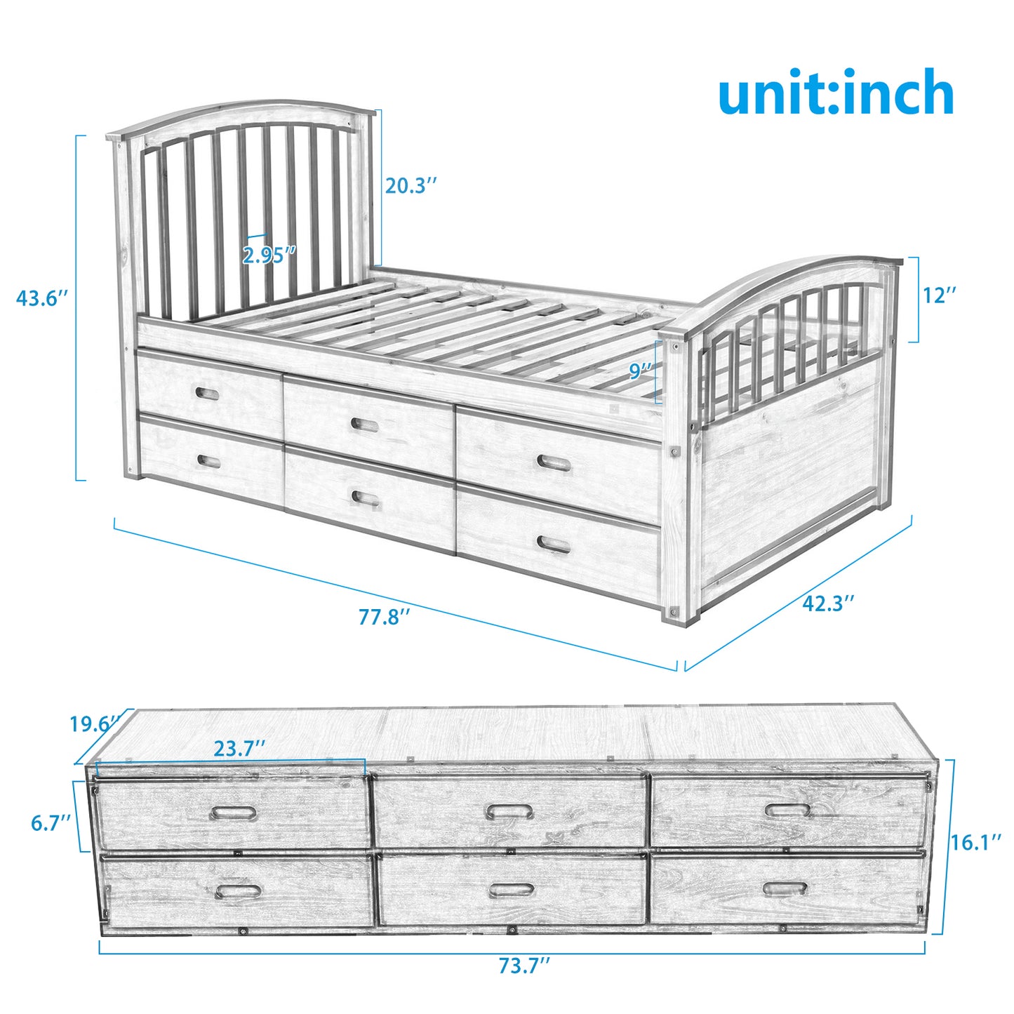 Wooden twin bed frame with nine drawers