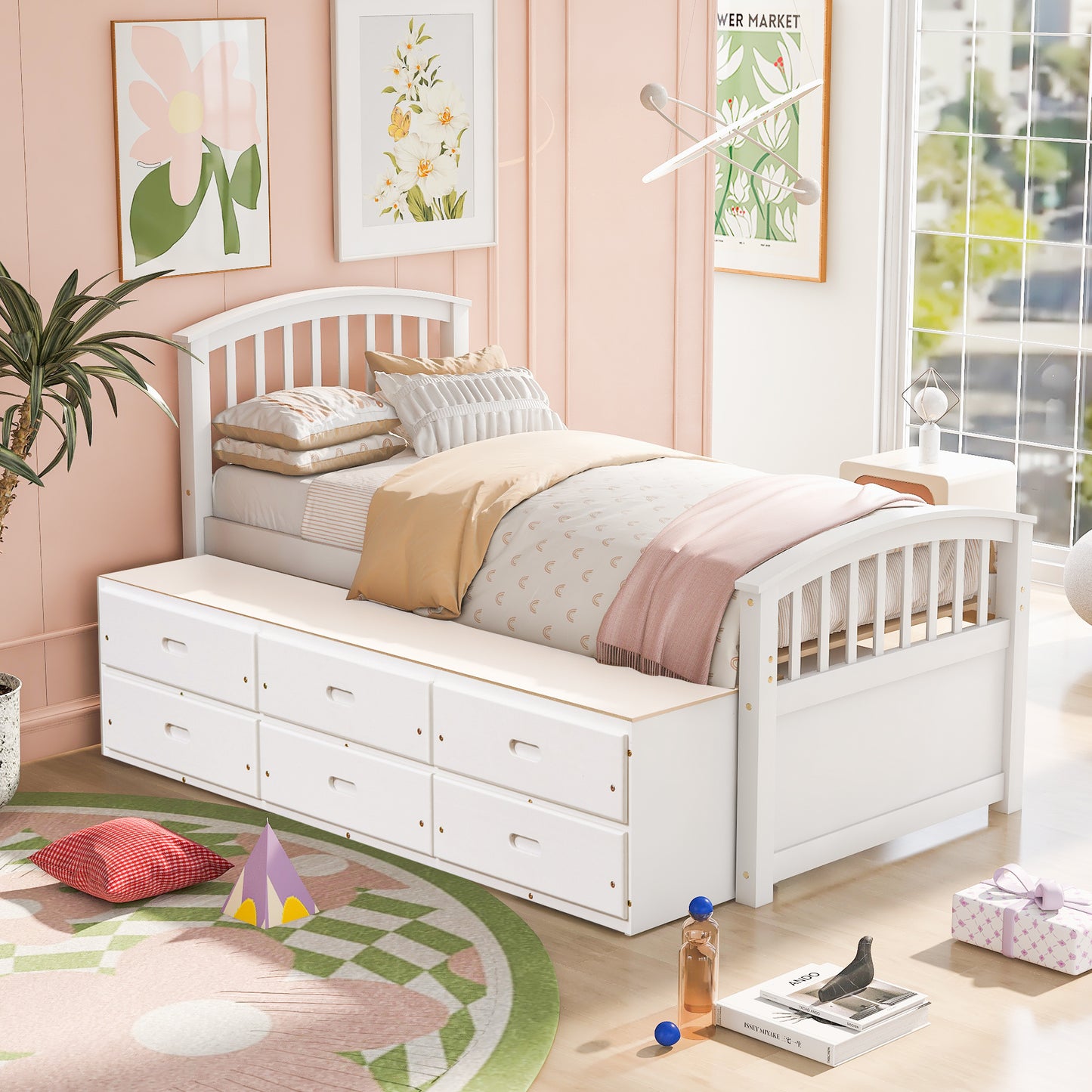 White wooden twin bed with six storage drawers