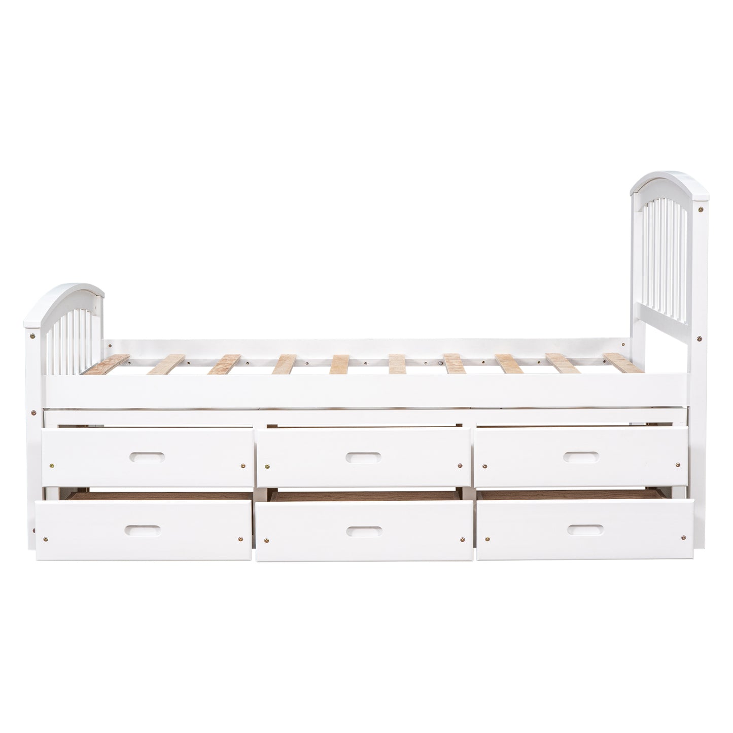 White wooden twin bed with six storage drawers