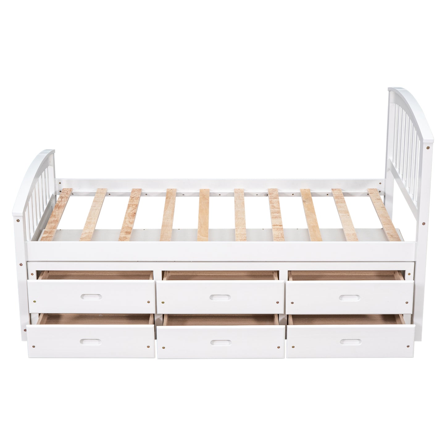 White wooden twin bed with six storage drawers and slatted frame