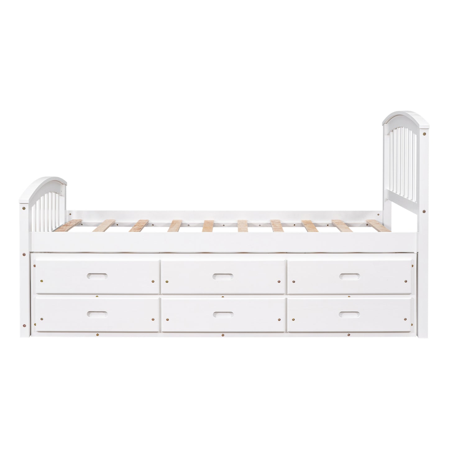 White wooden twin bed with six storage drawers and arched headboard