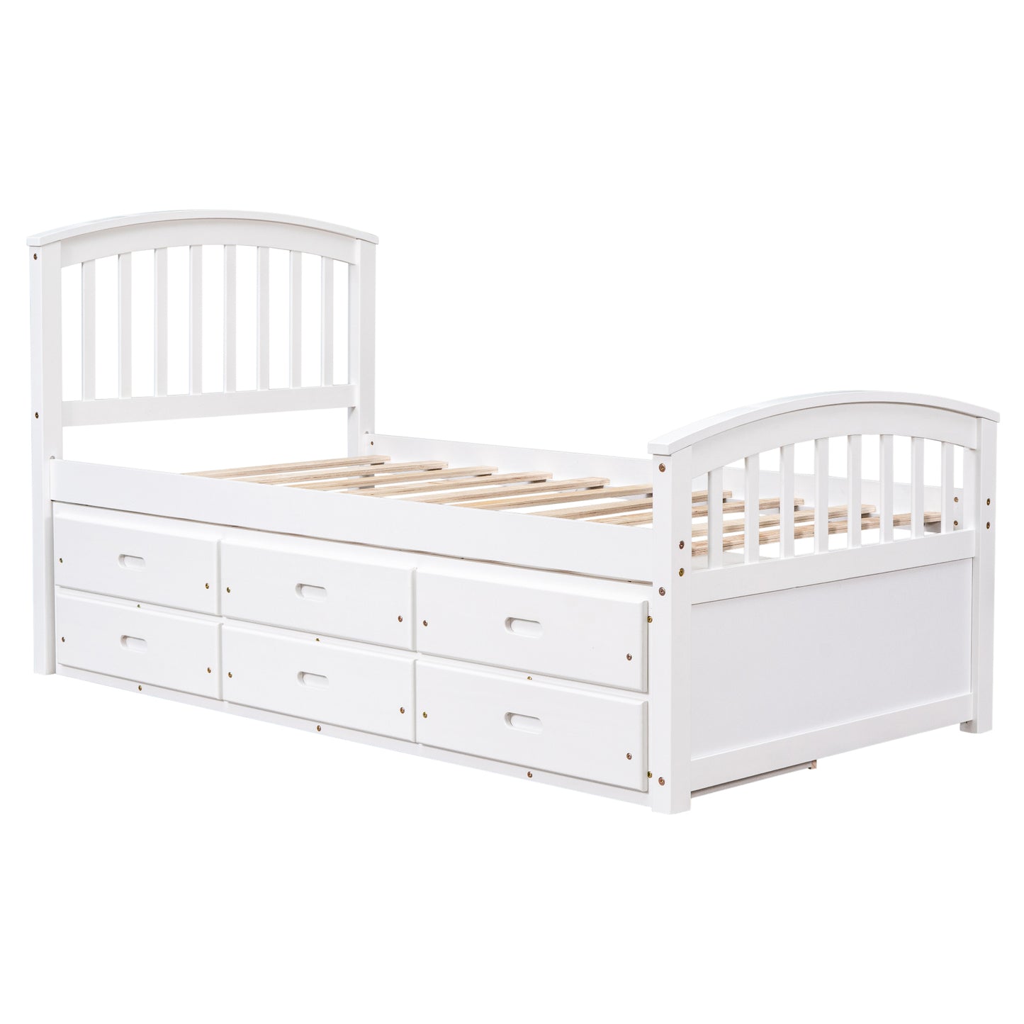 White twin storage bed with six drawers and slatted frame
