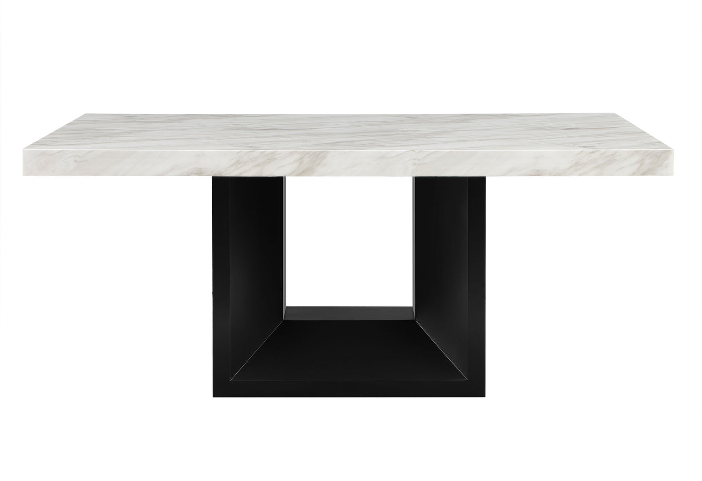 Rectangular dining table with white marble top and matte black pedestal base