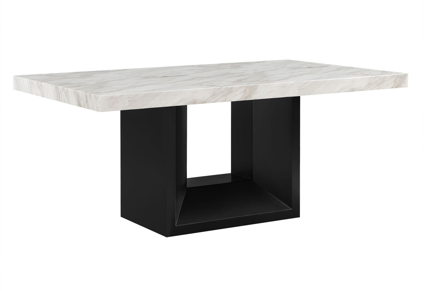Rectangular marble top dining table with black pedestal base