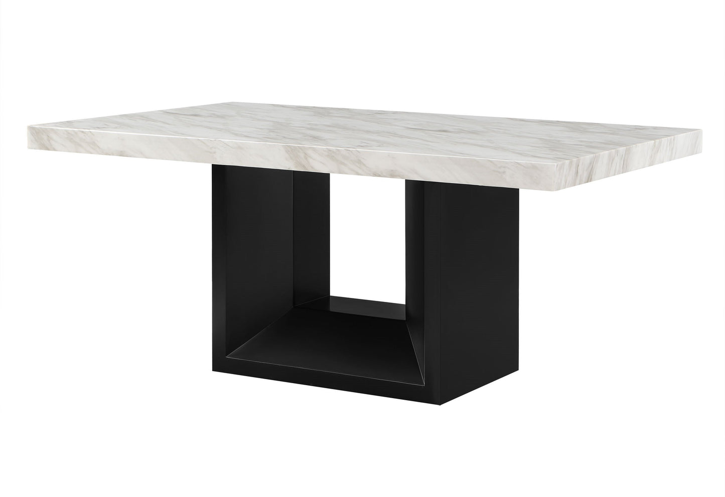 Modern rectangular dining table with white marble top and matte black pedestal base