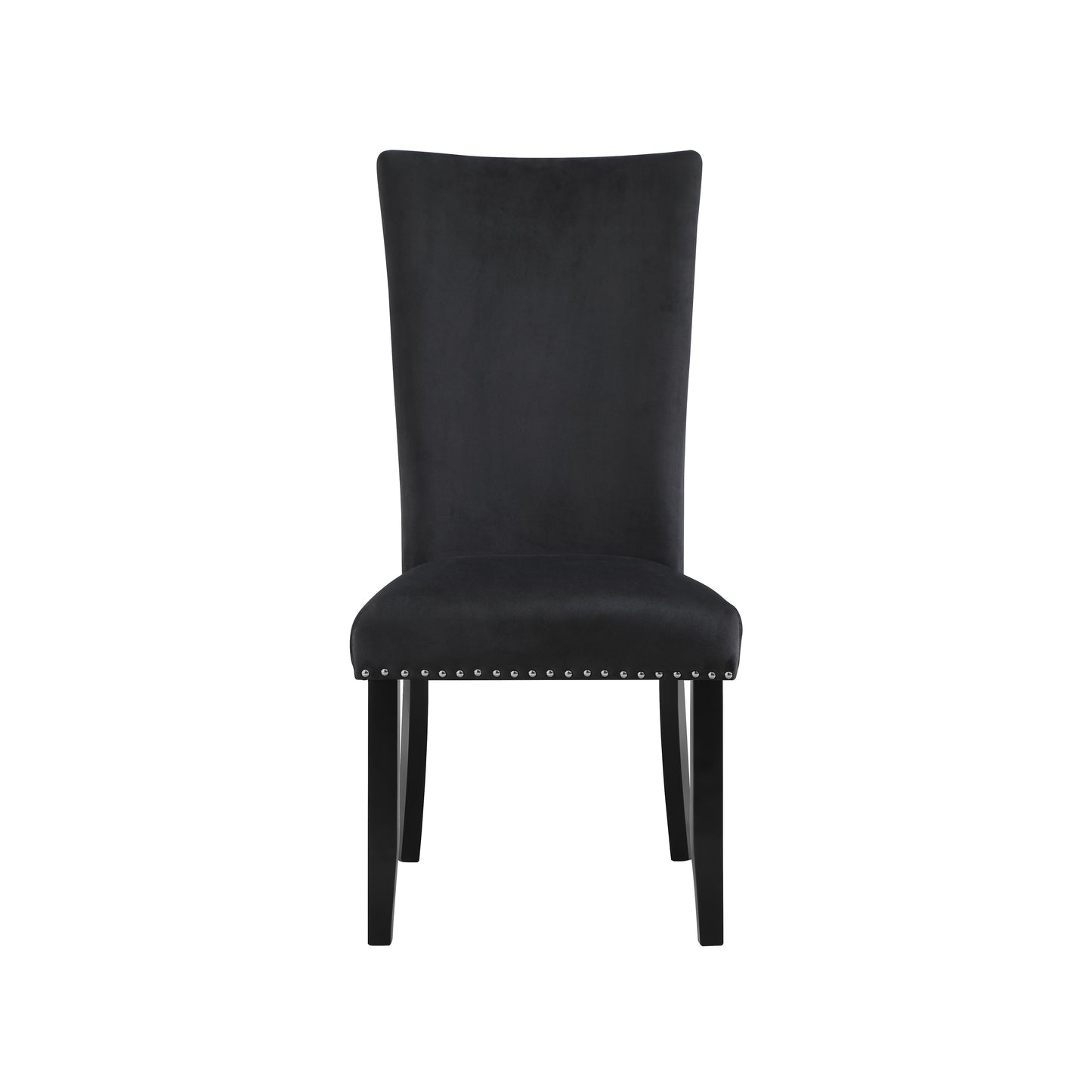 Black velvet dining chair with studded trim and high back
