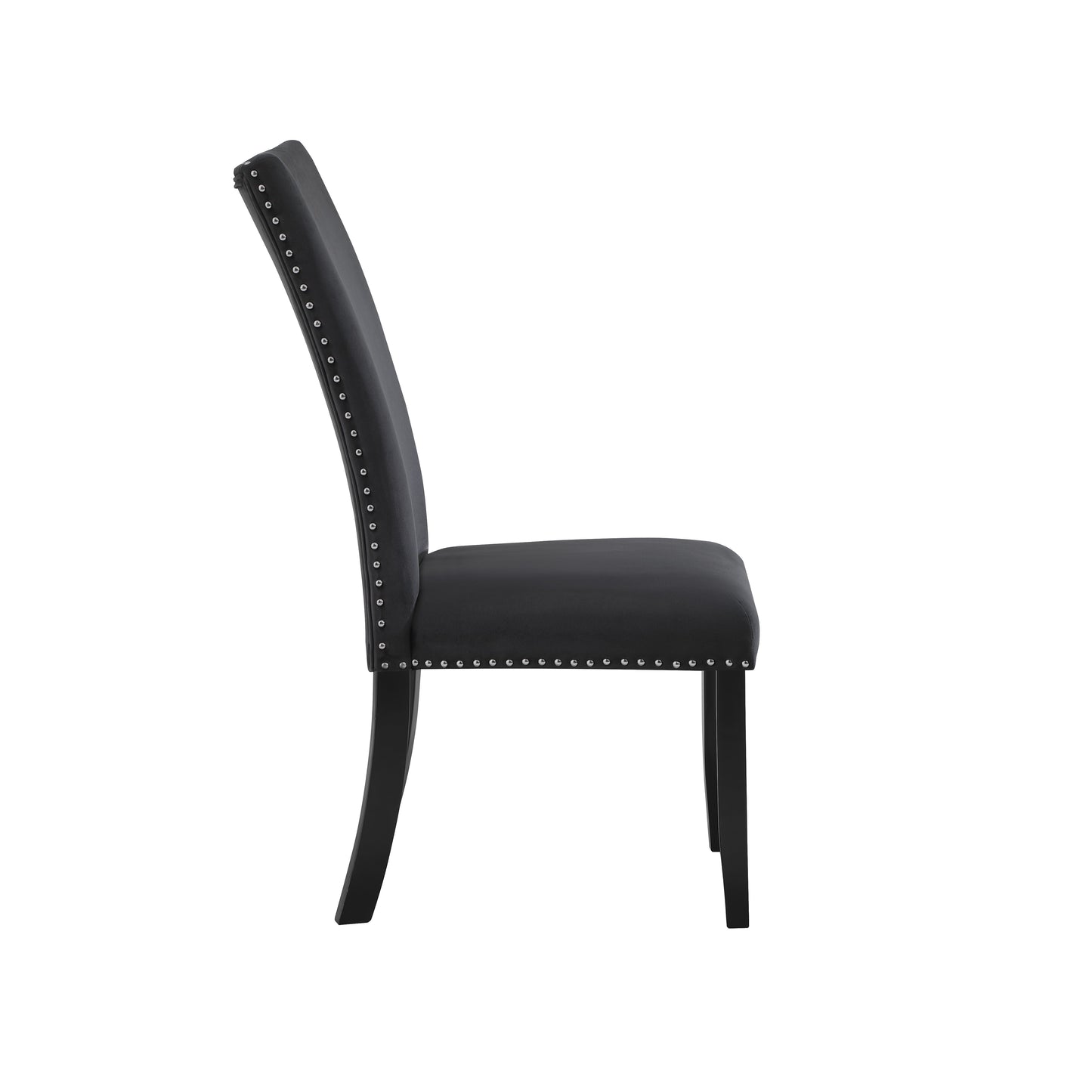 Black upholstered dining chair with silver nailhead trim and dark wood legs