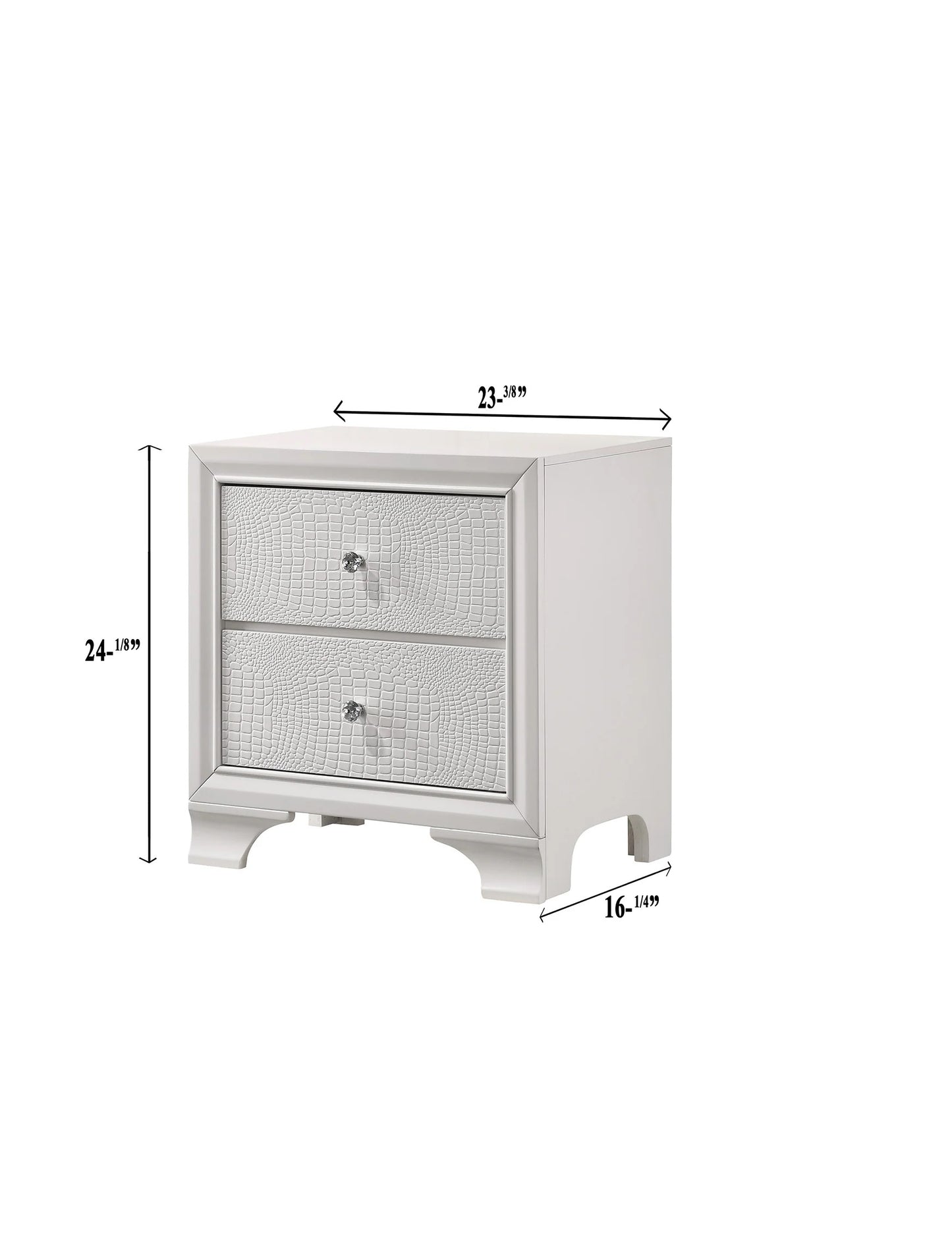 White bedside table with textured drawer fronts and crystal knobs
