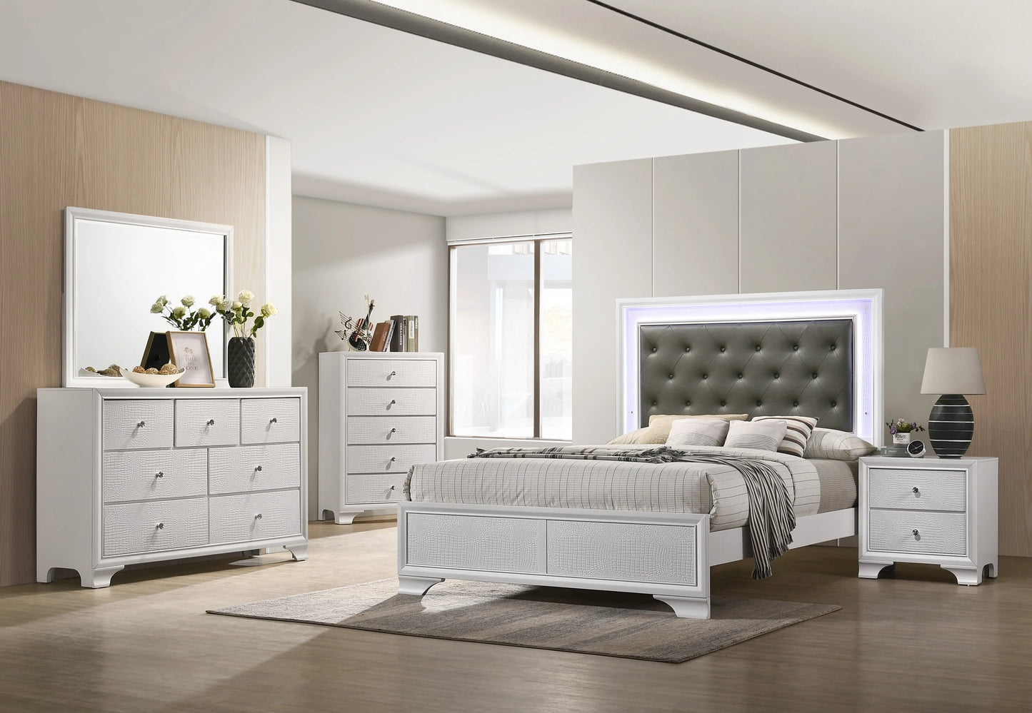 White bedroom set with crocembossed dresser and mirrored vanity
