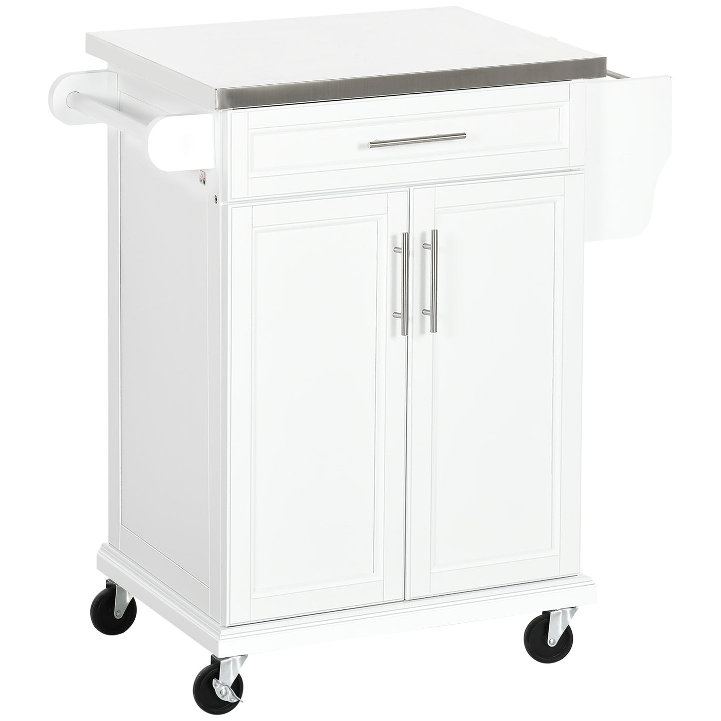 White kitchen island cart with stainless steel top and double cabinet doors