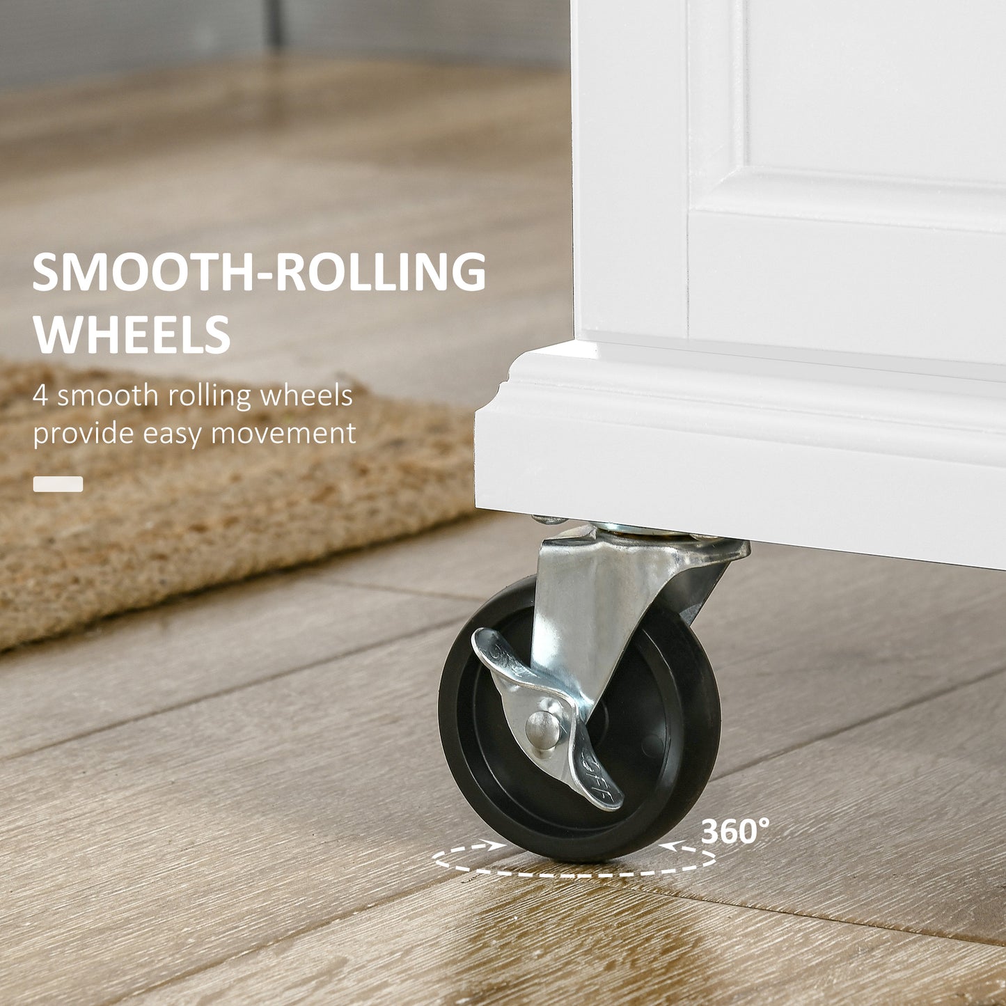 Closeup of a single black swivel wheel with a metal caster for easy mobility
