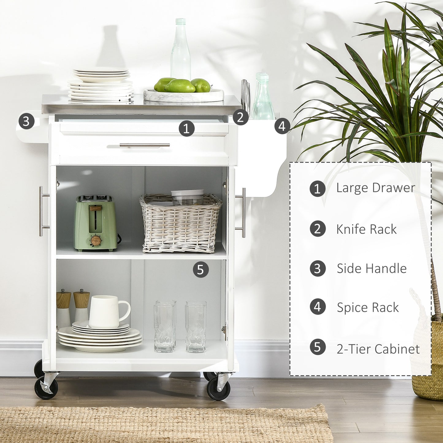White kitchen cart with stainless steel top and spice rack