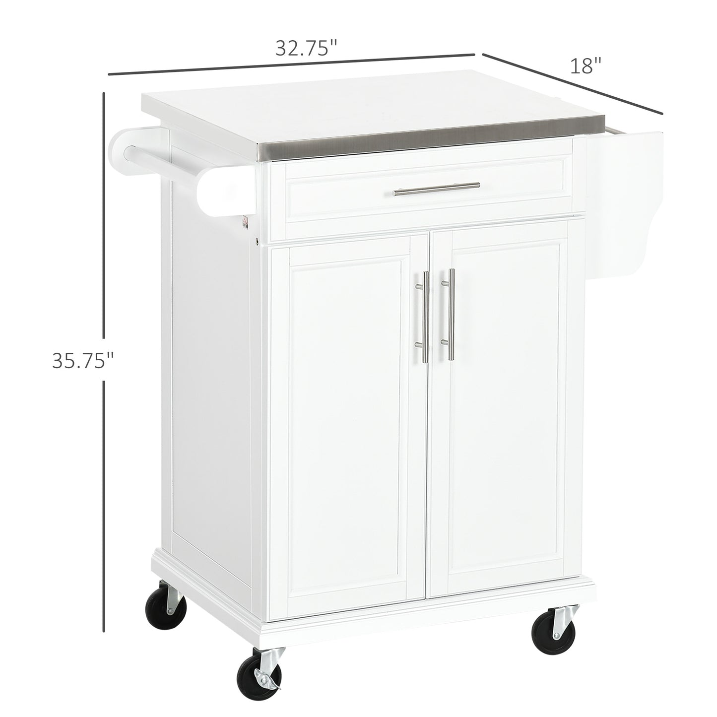 White kitchen cart with stainless steel top and two doors