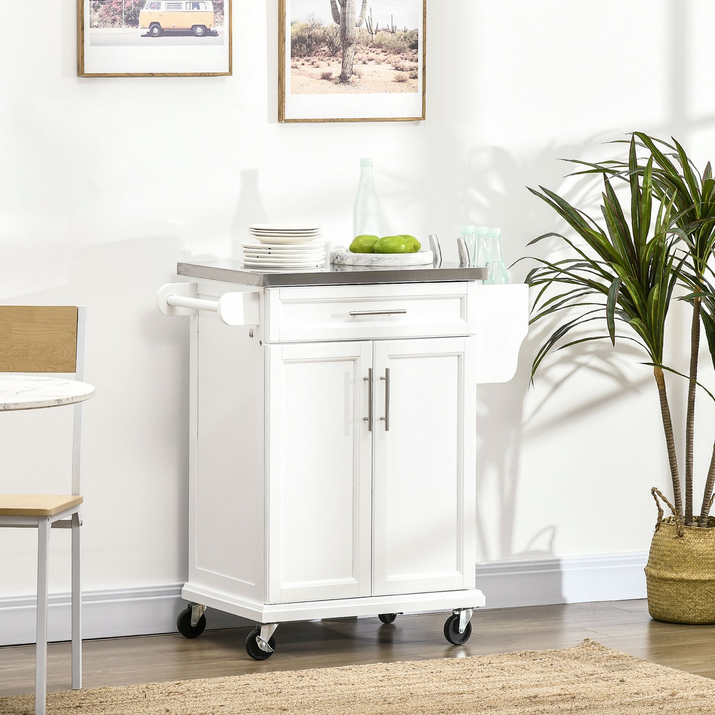 White kitchen cart with stainless steel top and chrome handles