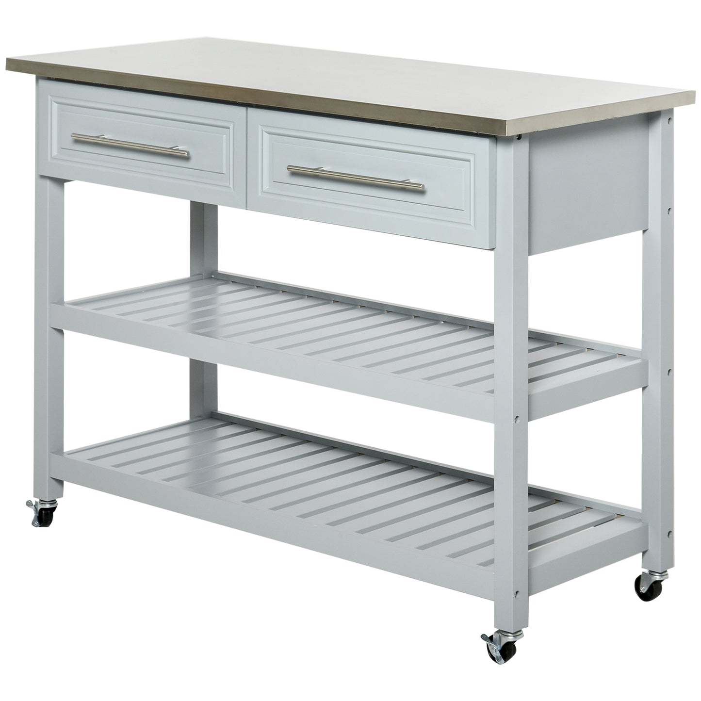 Gray kitchen island with stainless steel top and two drawers