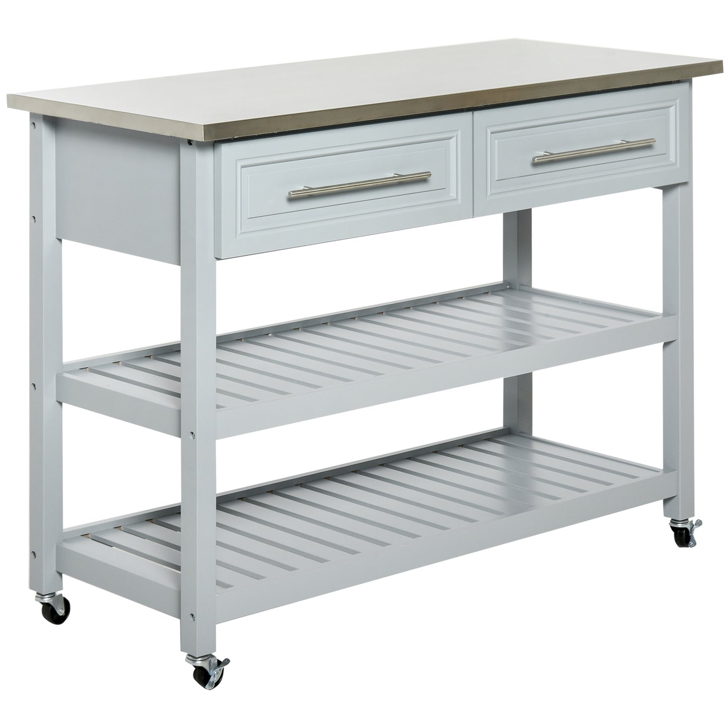 Gray kitchen island cart with two drawers and slatted shelves