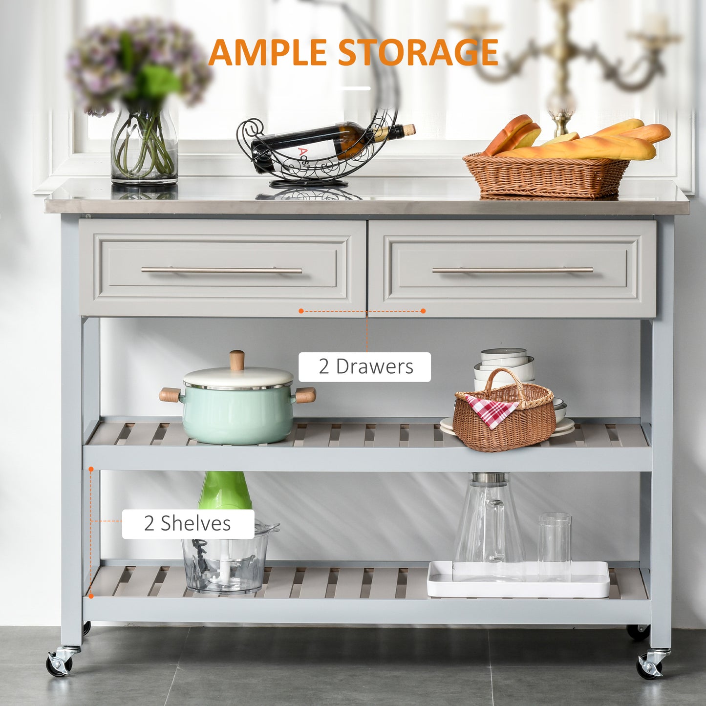 Gray kitchen cart with stainless steel top two drawers and slatted shelves on casters