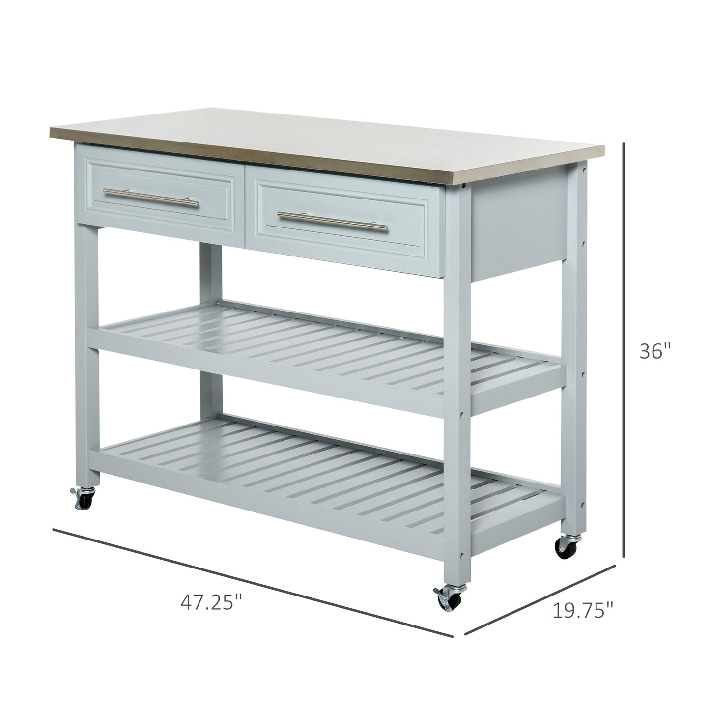 Light gray kitchen island cart with stainless steel top and two drawers