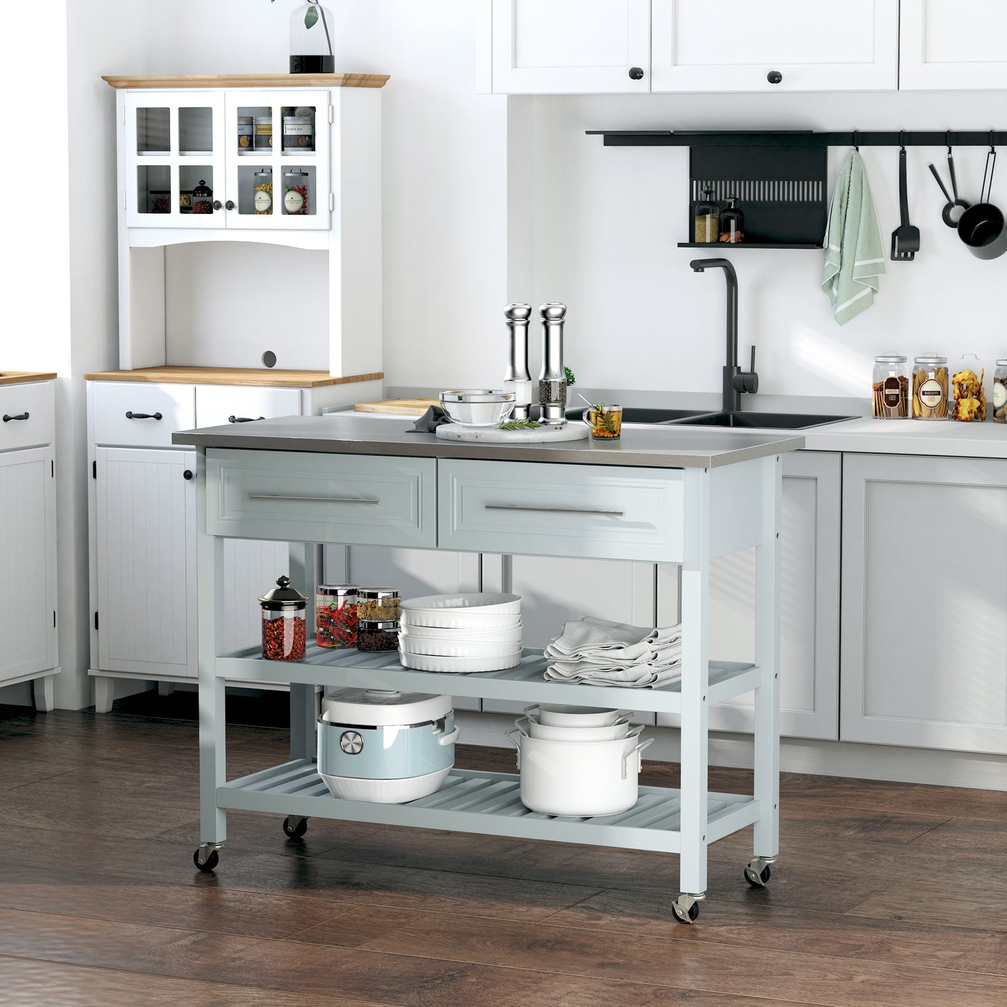 Light blue kitchen island with stainless steel top and casters