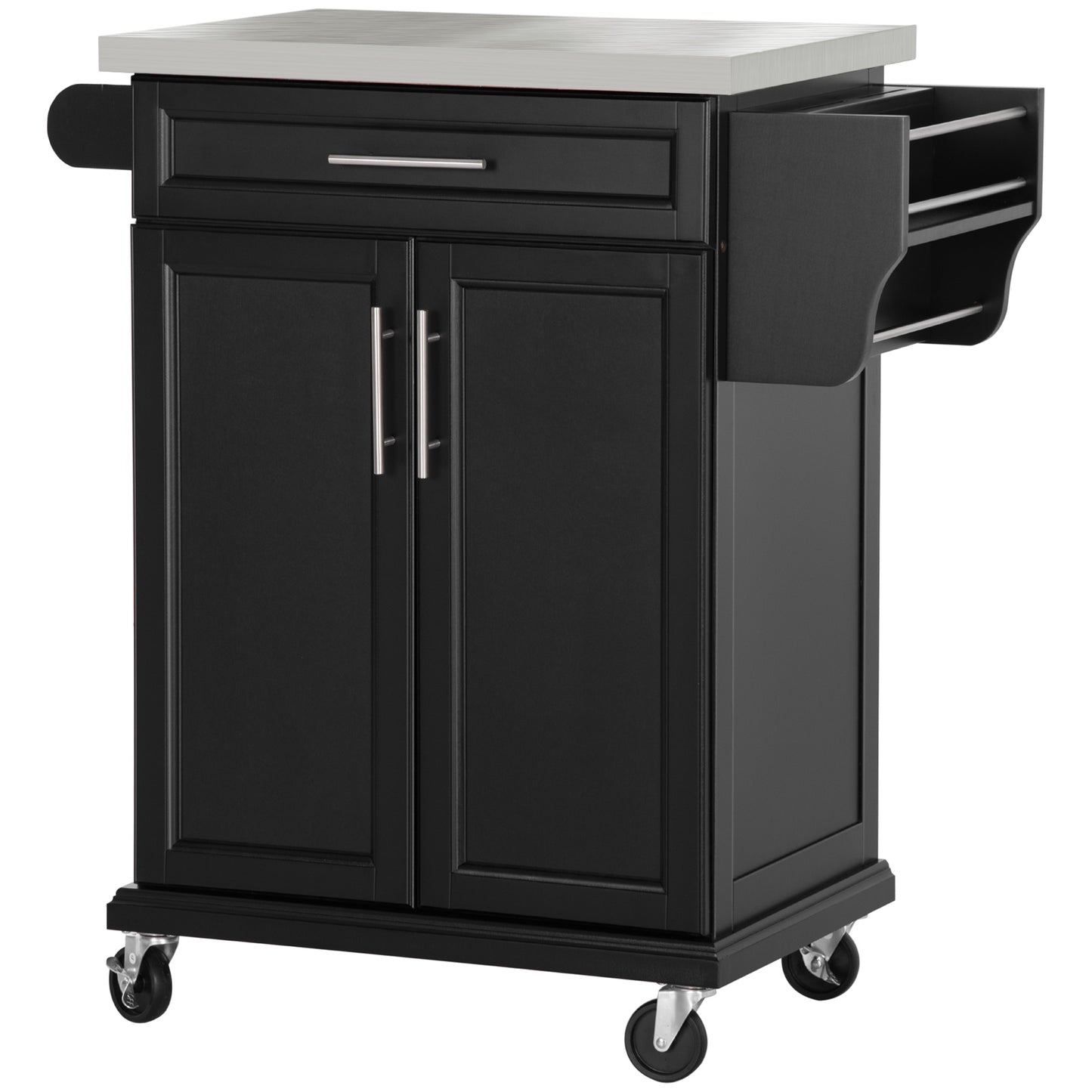 Black kitchen island cart with stainless steel top and side towel bar