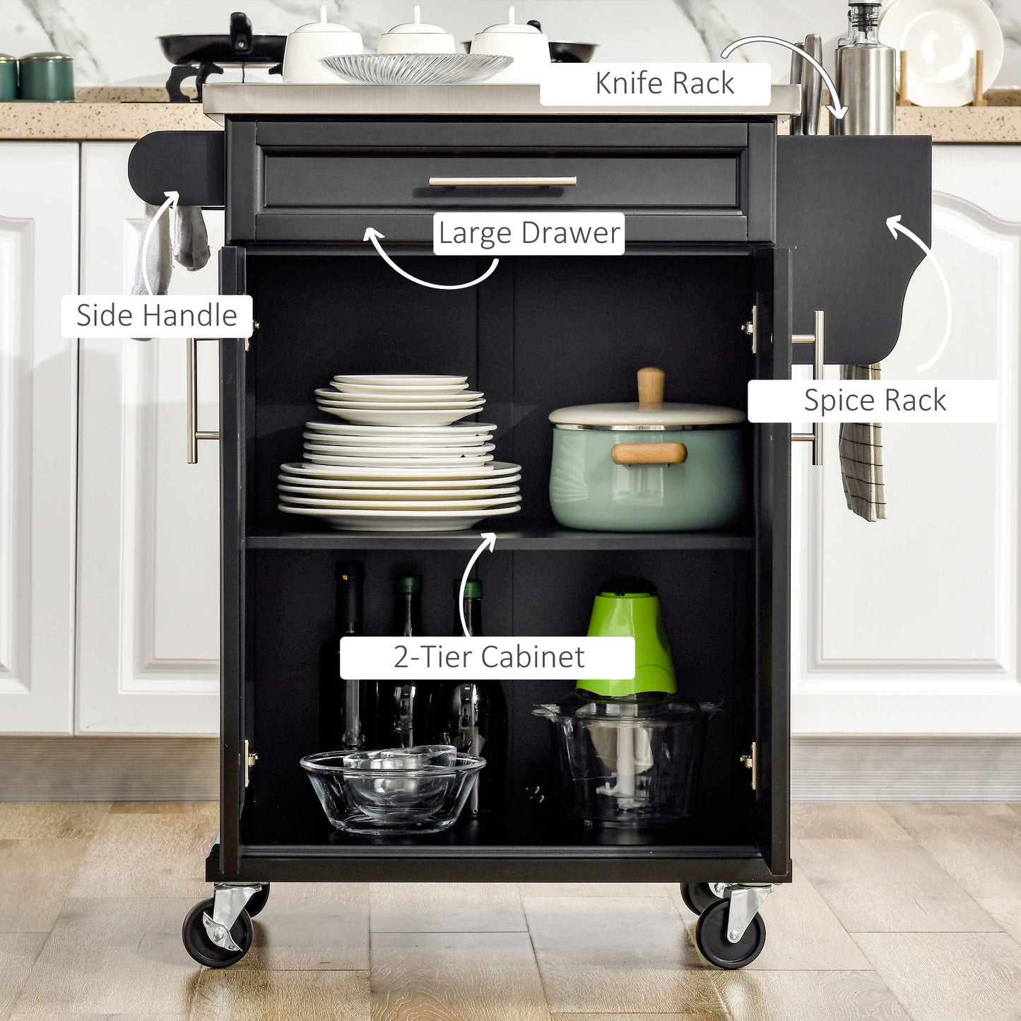 Black kitchen cart with stainless steel top large drawer and tier cabinet for organized storage
