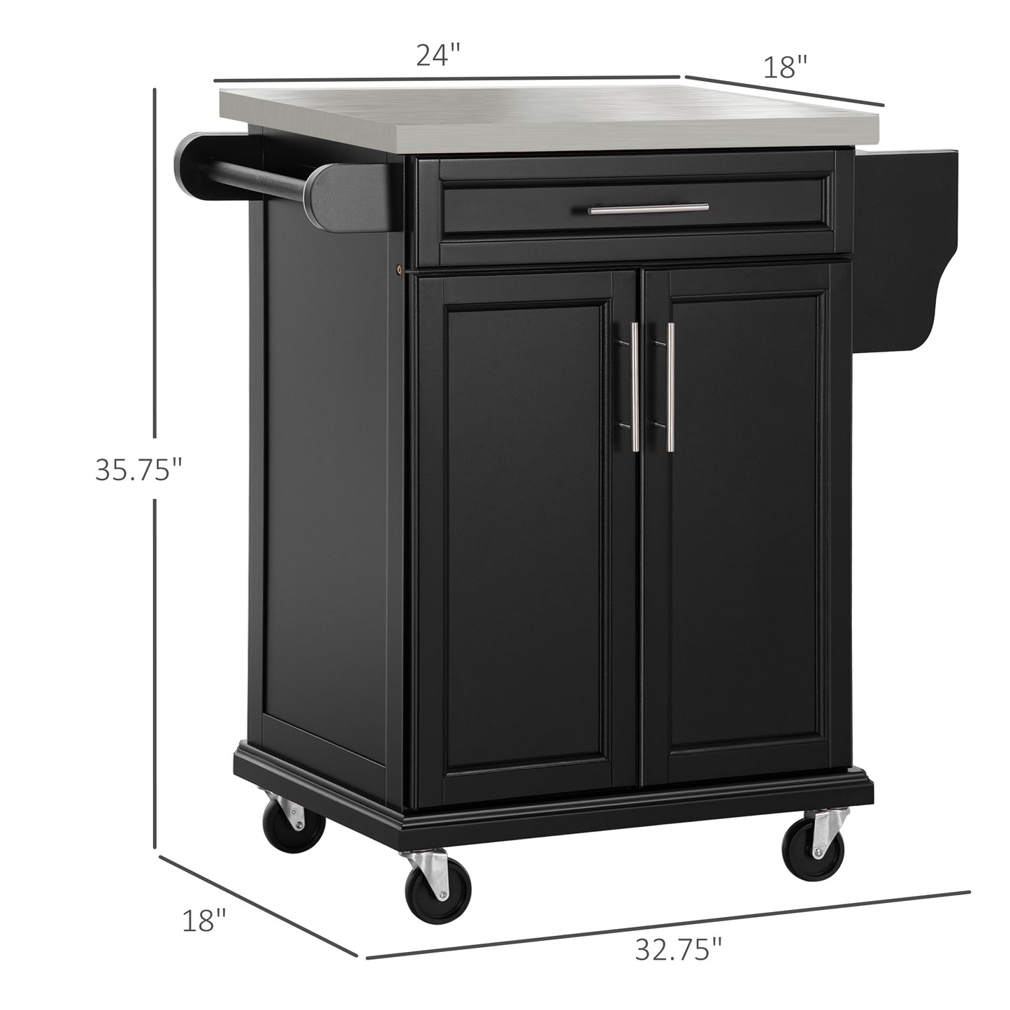 Black kitchen island cart with stainless steel top and side towel rack