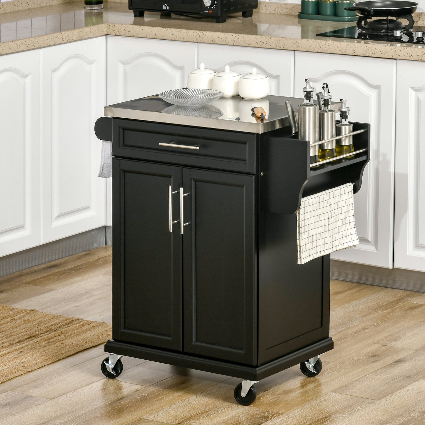 Black kitchen island cart with stainless steel top and chrome handles